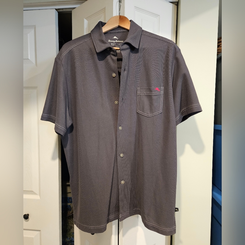 TOMMY BAHAMA Polo Style Button Down Short Sleeve Shirt Charcoal Gray Men's Large